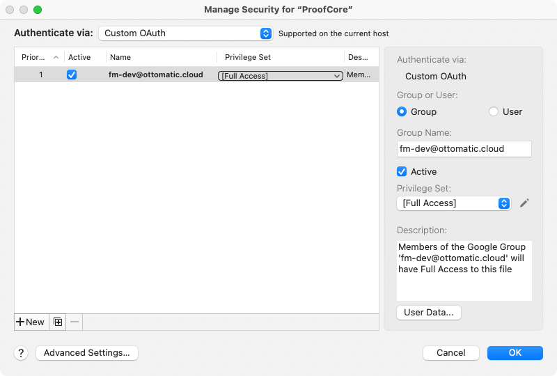 Google Groups OAuth FileMaker Server